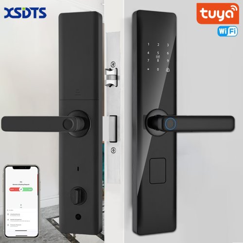Immagine di Serratura Intelligente Tuya Wireless con Autenticazione Biometrica, Codice Segreto, Carta IC e Ricarica USB di Emergenza - Maniglia Regolabile per Accesso Sicuro e Pratico