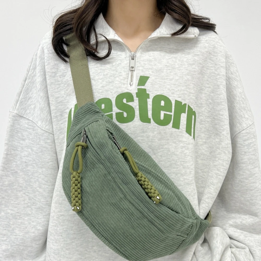 Imagen de Riñonera de pana de gran capacidad para mujer, bolso de pecho estilo callejero, bolsos de hombro tipo bandolera a la moda, bolso informal con cinturón