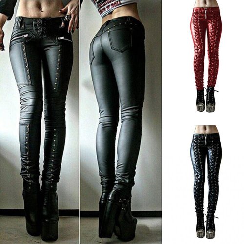 Image of Women's Skinny Faux Leather Button-Up Pants for Steampunk Cosplay, Carnival, and Party Outfits