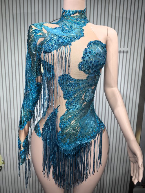 Imagen de Leotardo Sexy con Flecos y Diamantes Azules
