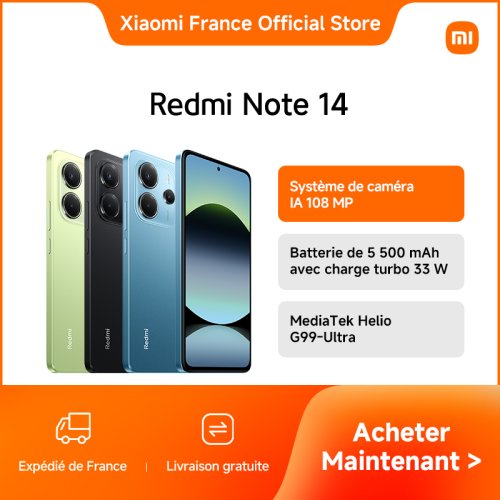 Image of Official Redmi Note 14 with AI Camera System, 108 MP Triple Camera, 5500 mAh Battery with 33W Turbo Charge, MediaTek Helio G99 Ultra Processor