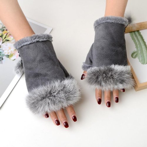 Imagen de 1 par de guantes cálidos de invierno para mujer, guantes sexis de piel sintética de conejo, calentador de manos y muñecas, guantes sin dedos, mitones de gamuza para mujer, guantes cálidos para muñeca