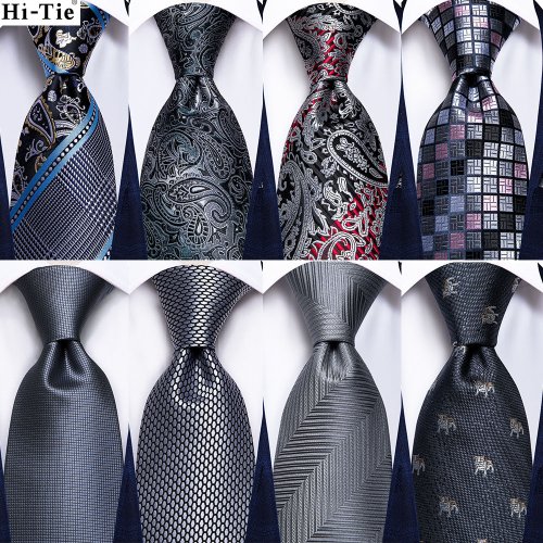 Image of Elegant Grey Striped Paisley Wedding Tie Set for Men – Handcrafted Necktie, Pocket Square & Cufflinks Gift Package for Formal Occasions