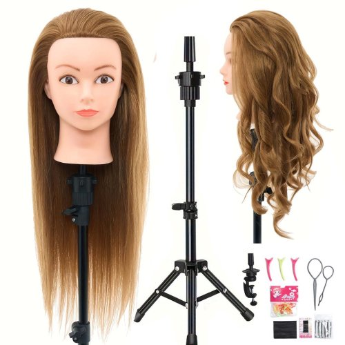 Imagen de Cabeza de maniquí de cabello humano 100% Real, cabeza de muñeca de cosmetología de 22-24 pulgadas para practicar peinados, cabeza de maniquí y soporte de trípode Individual