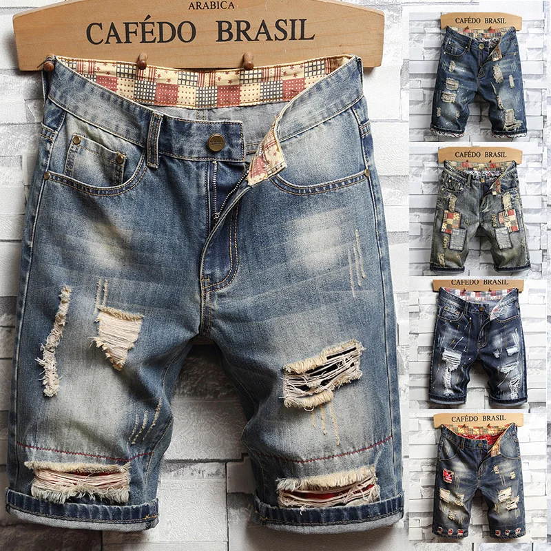 Afbeelding van Mannelijke Vintage Gescheurde Korte Jeans – Streetwear Denim Shorts met Gaten, Rechte Slanke Fit voor Zomer