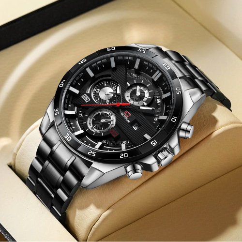 Image of Men's Sporty 46mm Leather Watch with Rose Gold Accents, Black Dial, Calendar Feature, and Quartz Movement – Casual Racing Style Timepiece