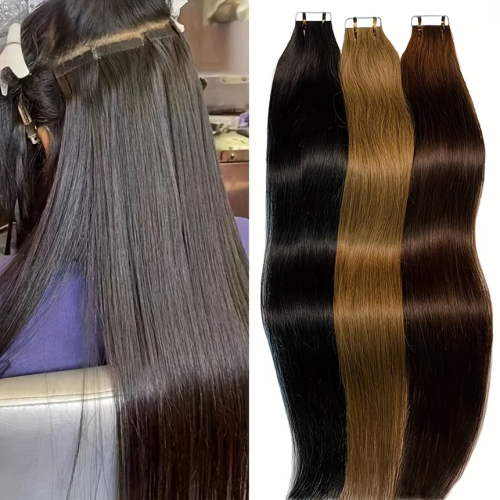 Imagen de Extensiones de Cabello con Cinta Adhesiva de Cabello Humano 100% Brasileño, 20 Piezas Rectas para Mujeres, Natural y Duradero