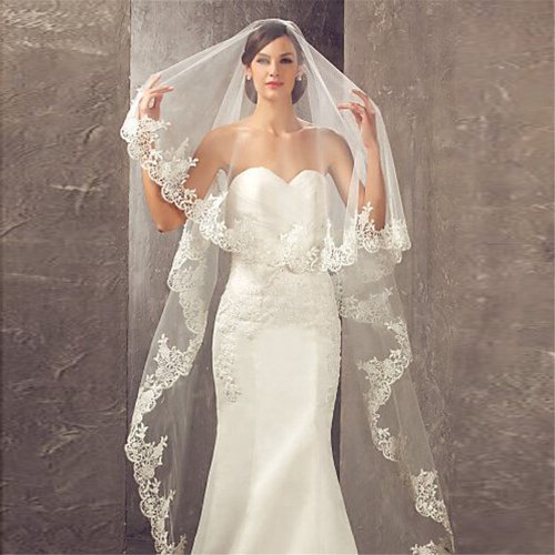 Image of Elegant White Ivory Cathedral Bridal Veil with Lace Edge, 3-Meter Long Tulle One-Layer Wedding Veil with Comb Attachment