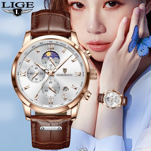 Bild von Elegante Damen-Armbanduhr mit Lederarmband und Mondphasenanzeige