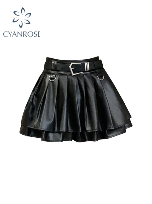 Image of Women's Black A-Line Leather Pleated Mini Skirt – Vintage Y2K Harajuku Gothic Emo Style for Summer Fashion
