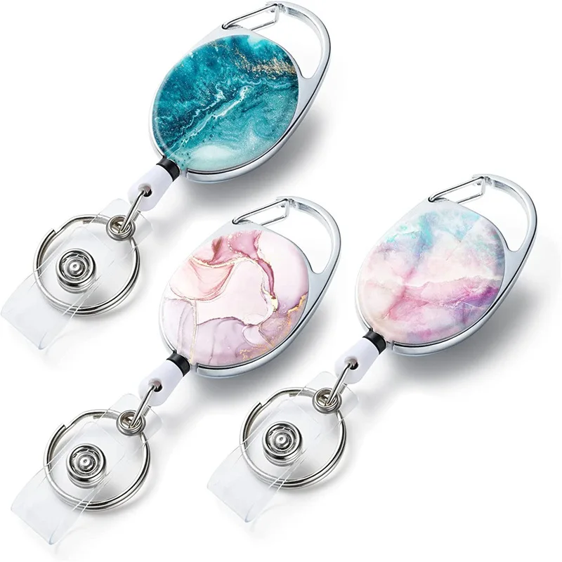 Image of Elegant Marble Oval Retractable Badge Reel with Easy-Pull Mechanism – Egg-Shaped Keychain ID Holder for Nurses and Professionals
