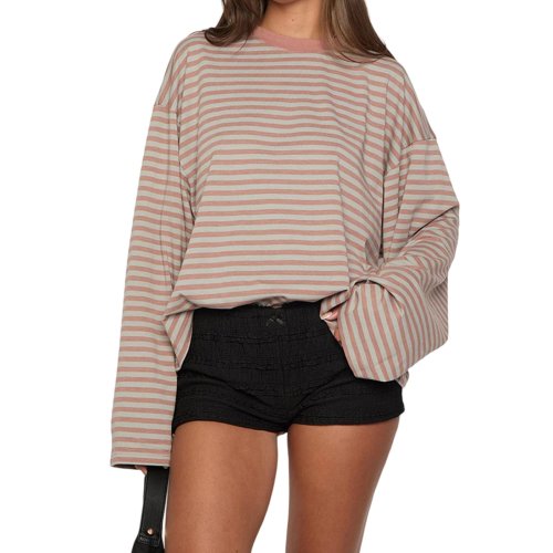 Afbeelding van Gestreept T-shirt met lange mouwen Dames Y2k Oversized Crewneck Sweatshirt Esthetische Vintage Herfst Drop Schouder Leuke Uitgaan Tops