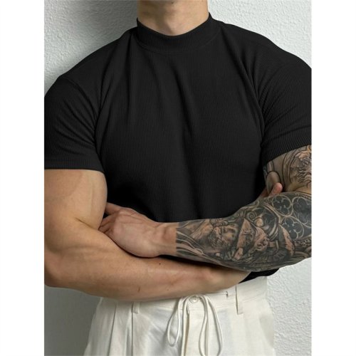 Imagen de Camiseta Deportiva Elástica para Hombre con Cuello Alto y Rayas - Ideal para Fitness, Entrenamiento y Ocio en Primavera y Verano