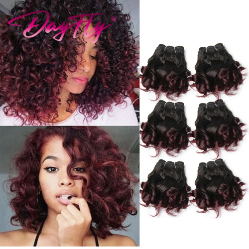 Bild von Natürliche Ombre-Bouncy-Curly-Haarsträhnen aus brasilianischem Rohhaar – 6er-Pack, kurze farbige Haarverlängerungen für Frauen mit echtem Haar
