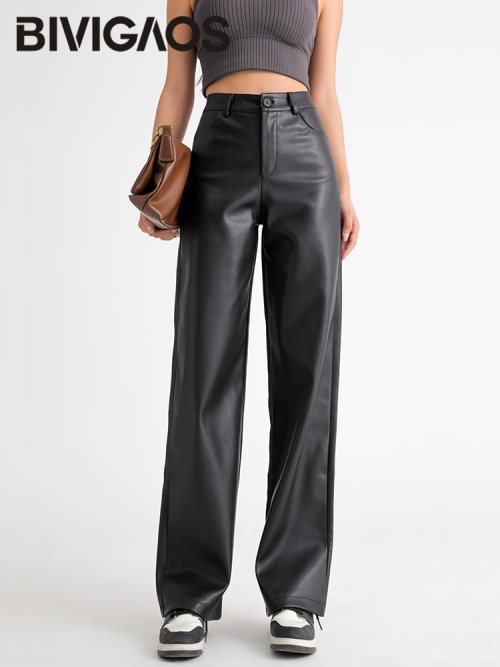 Pantaloni Donna in Pile Caldo a Gamba Larga con Fodera in PU, Vita Alta con Tasche e Bottoni – Stile Casual Autunno-Inverno