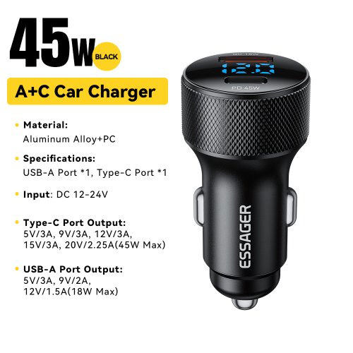 Immagine di Caricabatteria da Auto USB-C 45W con 2 Porte PD 3.0 e QC 3.0, Display Digitale per iPhone 16, 15, Xiaomi, Huawei, Samsung, Oppo