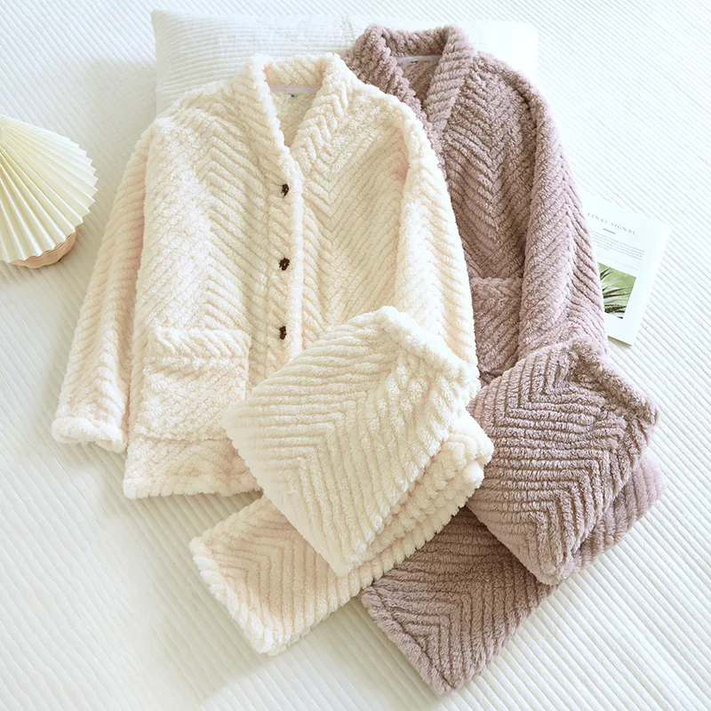 Image of Cozy Winter Flannel Nightwear Set for Women – V-Neck Plush Coral Fleece Long Sleeve Top and Pants Two-Piece Sleepwear