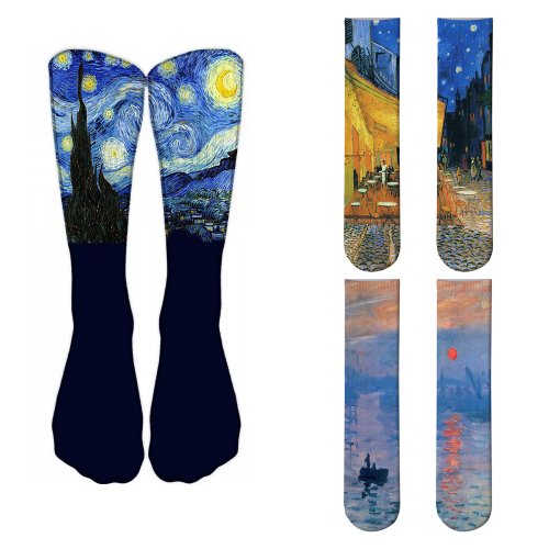 Immagine di Calze di fama mondiale per pittura a olio per Unisex notte stellata Monet Mona Lisa Art Sock personalità retrò confortevole Sokken per donna