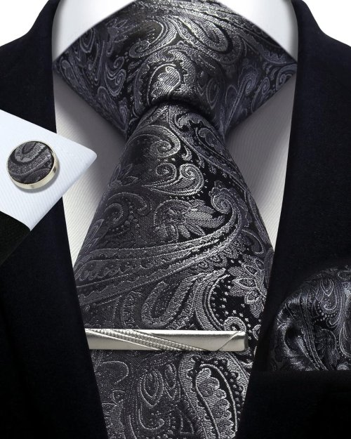 Bild von Elegantes Herren-Krawatten-Set aus Seide – Silber Paisley