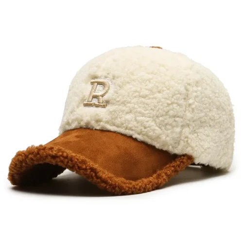 Image of 2023 Trendy Big Letter Embroidery Men Winter Hats White Brown Lambswool Baseball Cap for Women Warm Plush Trucker Hats Gorras