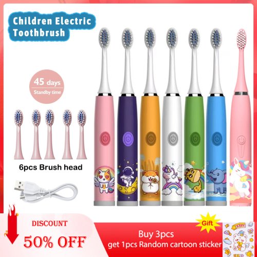 Image of Kids' Ultrasonic Electric Toothbrush with Cartoon Design, Rechargeable, IPX7 Waterproof, Includes Replacement Brush Heads