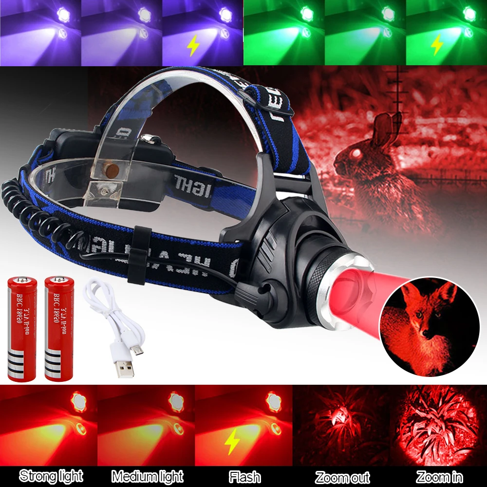 Imagen de Linterna Frontal LED con Luz Roja y Verde, Táctica con Zoom para Exteriores, Ideal para Acampar, Cazar y Pescar