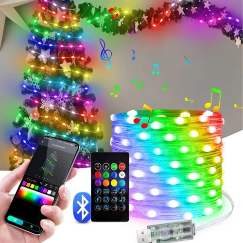 Zdjęcie 5M/10M/20M RGBIC LED inteligentne bajkowe oświetlenie Bluetooth kontrola aplikacji girlanda żarówkowa DIY na przyjęcie bożonarodzeniowe wesele dekoracja wnętrz