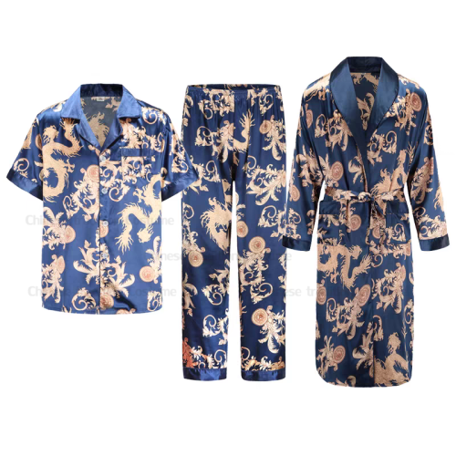 Bild von Männer Satin Pyjama Set aus Eis-Seide – Langarm Hemd und Hose mit Taschen, Komfortabler Schlafanzug und Bademantel für Luxuriöse Loungewear