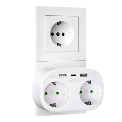 Image de Adaptateur mural USB + Schuko blanc - Prise UE double