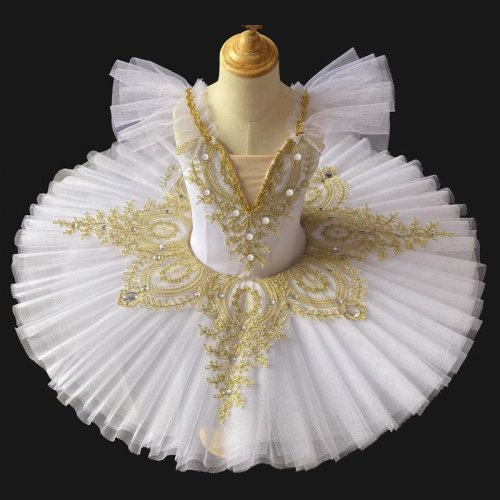 Immagine di Tutù da Ballo Professionale Bianco per Bambine - Costume da Ballerina del Lago dei Cigni con Tutù a Pancake, Abito da Festa e Danza per Piccole Principesse