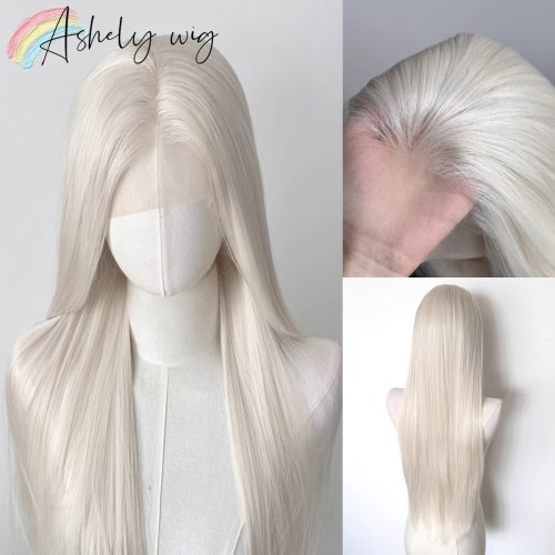 Bild von Platinweiße Lace-Front-Perücke mit 13x4 cm Spitze – Lange gerade Synthetikperücke aus Hochtemperaturfasern für Cosplay und Alltag