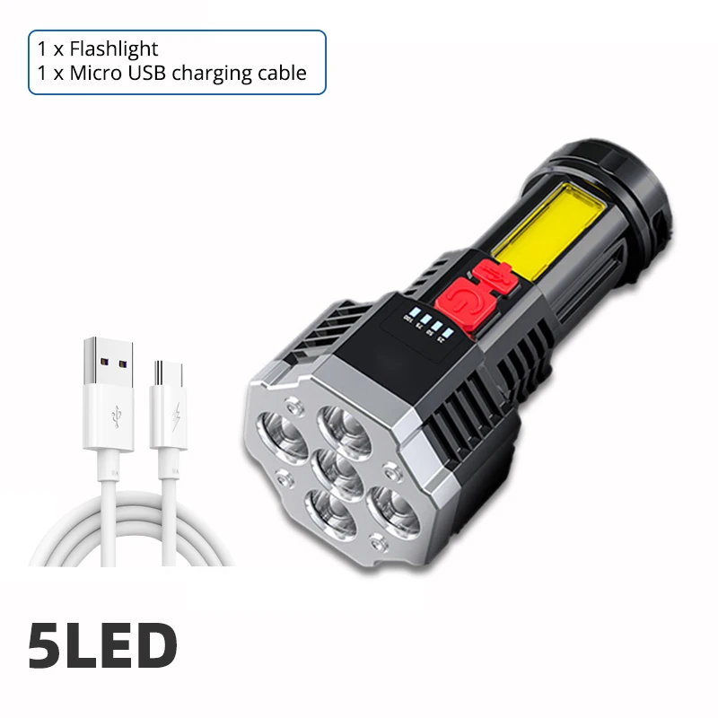 Immagine di Torcia LED Ricaricabile ad Alta Potenza con 7 LED e Luce Laterale COB – Illuminazione Esterna Portatile in Materiale ABS per Campeggio e Uso All'Aperto