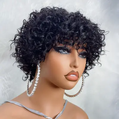 Image de Perruque Afro Bouclée Sans Colle - Coupe Lutin Rose & Frange