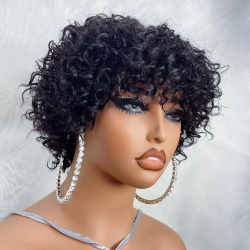 Imagen de Pelucas de cabello humano de corte Pixie para mujeres negras Afro Rose rizado Funmi pelucas sin pegamento con flequillo peluca corta rizada hinchable Bob con flequillo