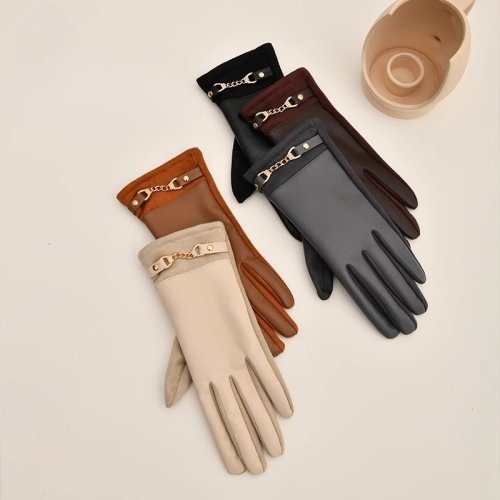 Image of Women's Winter Suede Leather & Velvet Gloves with Chain Detail – Warm, Touch-Screen Compatible, Windproof Mittens for Fashionable Driving and Cycling