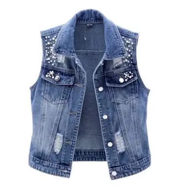 Image de Gilet en Jean Déchiré Perles - Style Luxe Automne