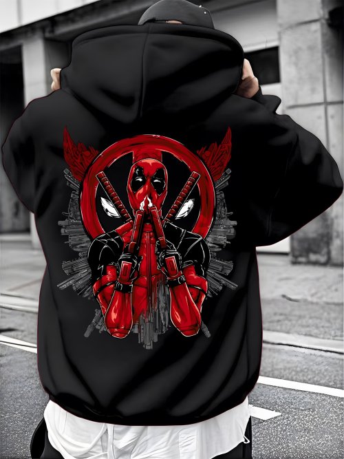 Immagine di Felpa con Cappuccio Uomo Nera con Stampa Deadpool Rossa, Modello Supereroe Marvel, 100% Cotone, Stile Casual Streetwear con Tasca Frontale