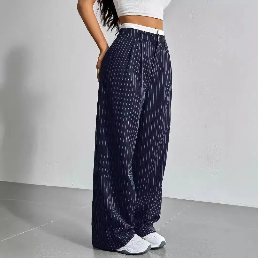 Imagen de Pantalones Largos de Rayas para Mujer, Estilo Y2K, Cintura Alta, Pierna Ancha y Holgada, Moda Informal para Otoño e Invierno
