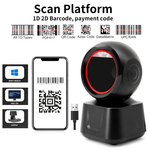 Image of High-Speed Omnidirectional 1D 2D QR Code Scanner with USB Connectivity – Durable Desktop Barcode Reader for Precise and Reliable Scanning