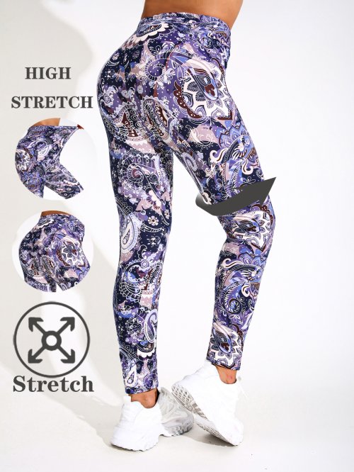 Immagine di Pantaloni Attillati Donna con Stampa Floreale Viola – Leggings Fitness e Yoga ad Alta Elasticità, Modello A Matita Sexy con Taglio a Nove Punte