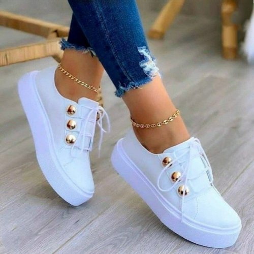 Imagen de Zapatos de mujer, zapatillas de deporte de cuero Pu, zapatos casuales de alta calidad a la moda, zapatos planos con cordones y punta redonda, zapatos vulcanizados con plataforma de talla grande