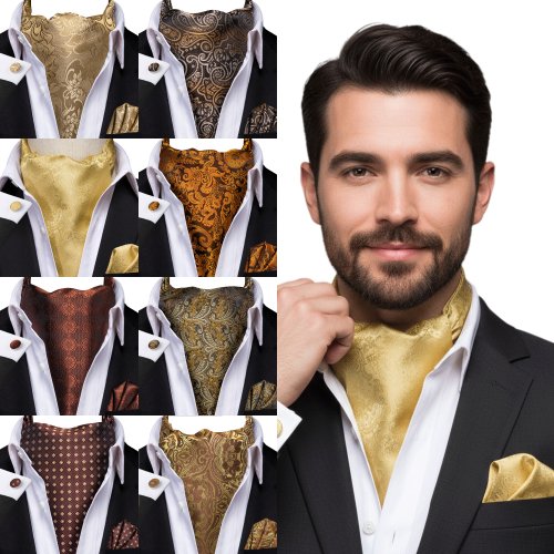 Immagine di Set da Uomo con Cravatta Ascot a Righe Floreali in Oro Giallo, Gemelli Quadrati e Spilla da Taschino – Elegante Abbinamento per Matrimonio, Eventi Formali e Ufficio