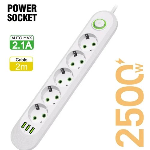 Bild von EU-Stecker, 2500 W, Steckdosenleiste mit 3 USB-Anschlüssen, Verlängerungskabel, Steckdose, Verlänger...