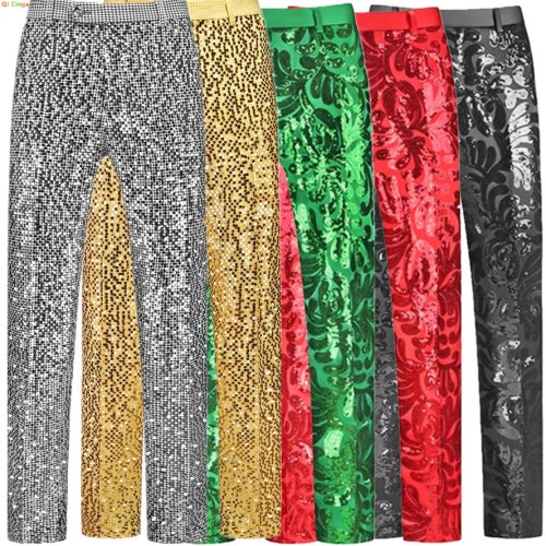Image of 2026 Men's Black Tuxedo Pants with Shiny Decorative Details – Long Formal Trousers in Asian Sizes M to 6XL for Weddings, Parties, and Stage Performances
