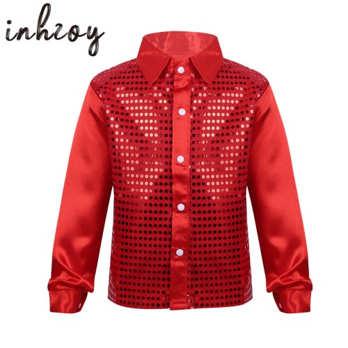 Zdjęcie Dziecięce chłopięce koszule z błyszczącymi cekinami Kostiumy do tańca z długim rękawem i klapami Hip-hop Jazz Dance Shirt Stage Performance Street Dance Wear
