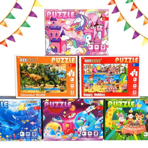 Zdjęcie Zestaw puzzli dla dzieci – 48 elementów, motywy: jednorożec, kosmos, dinozaury, ocean, kreatywne zabawki edukacyjne idealne na prezent świąteczny