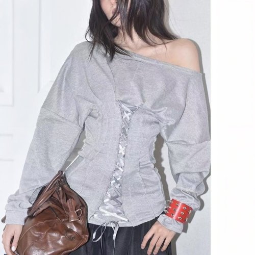 Image of Stylish Women's Off-Shoulder T-Shirt with Skew Collar and Drawstring Detail – Casual Full Sleeve Top for Everyday Wear