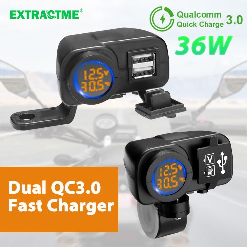 Immagine di Caricatore USB da 36W per Moto con Ricarica Rapida QC3.0, Display Digitale con Voltmetro e Termometro, Presa per Ricarica Telefono Cellulare