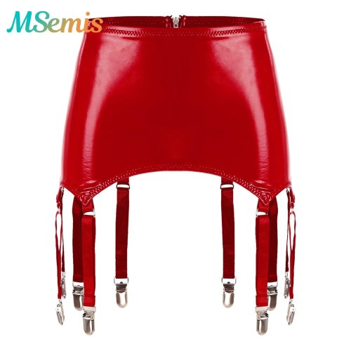 Image of Womens Garters Latex Skirts Suspender Garters Belt Wet Look Patent Leather Mini Skirts Garters with Metal Clips Clubwear Costume