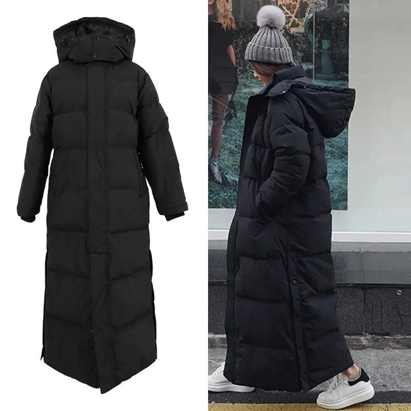 Imagen de Chaqueta de algodón acolchada súper larga para mujer, parka coreana por encima de la rodilla, abrigo grueso de algodón negro para invierno 2025